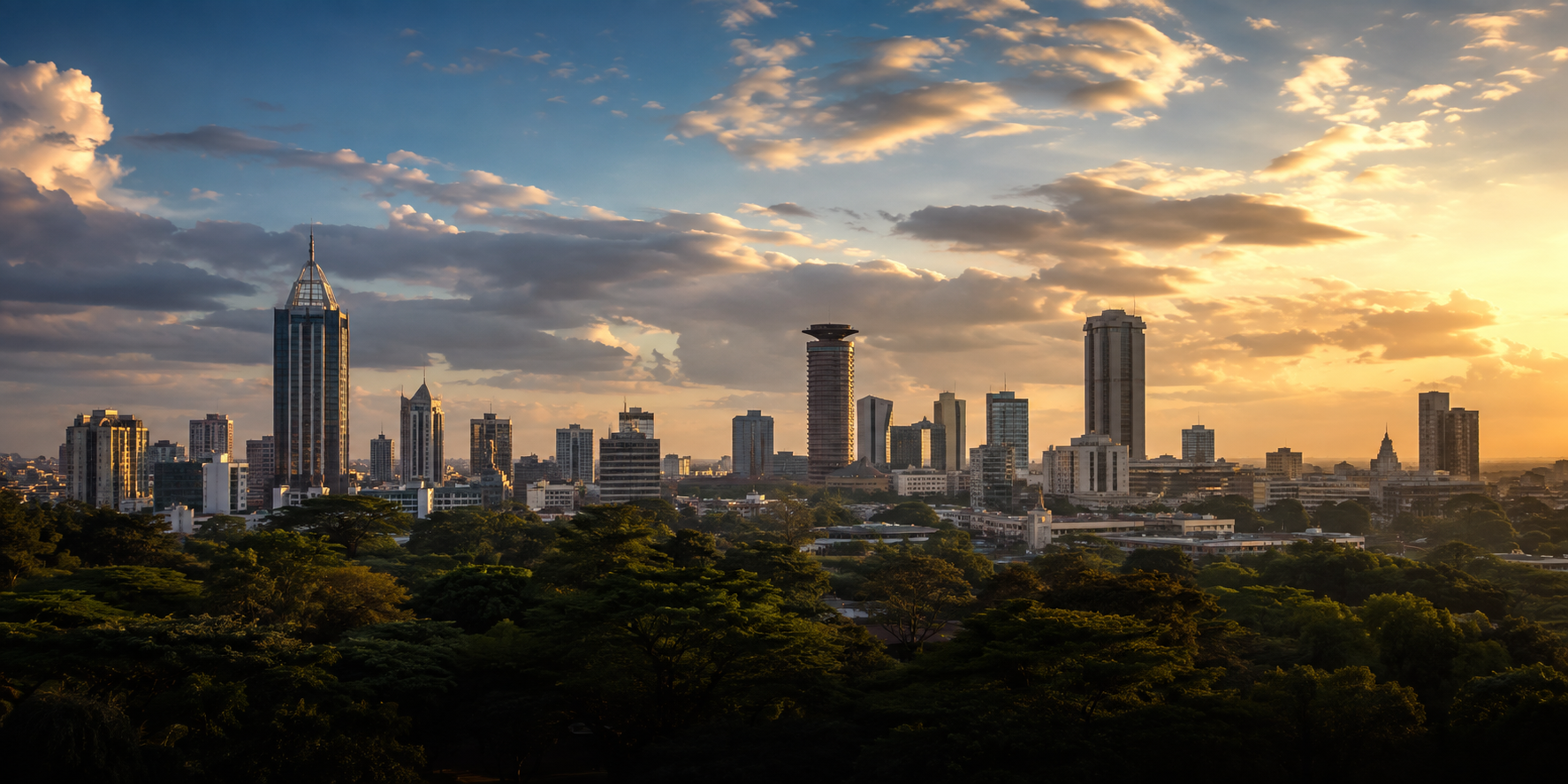 Illustrative East African cityscape with a tree-lined skyline at sunset